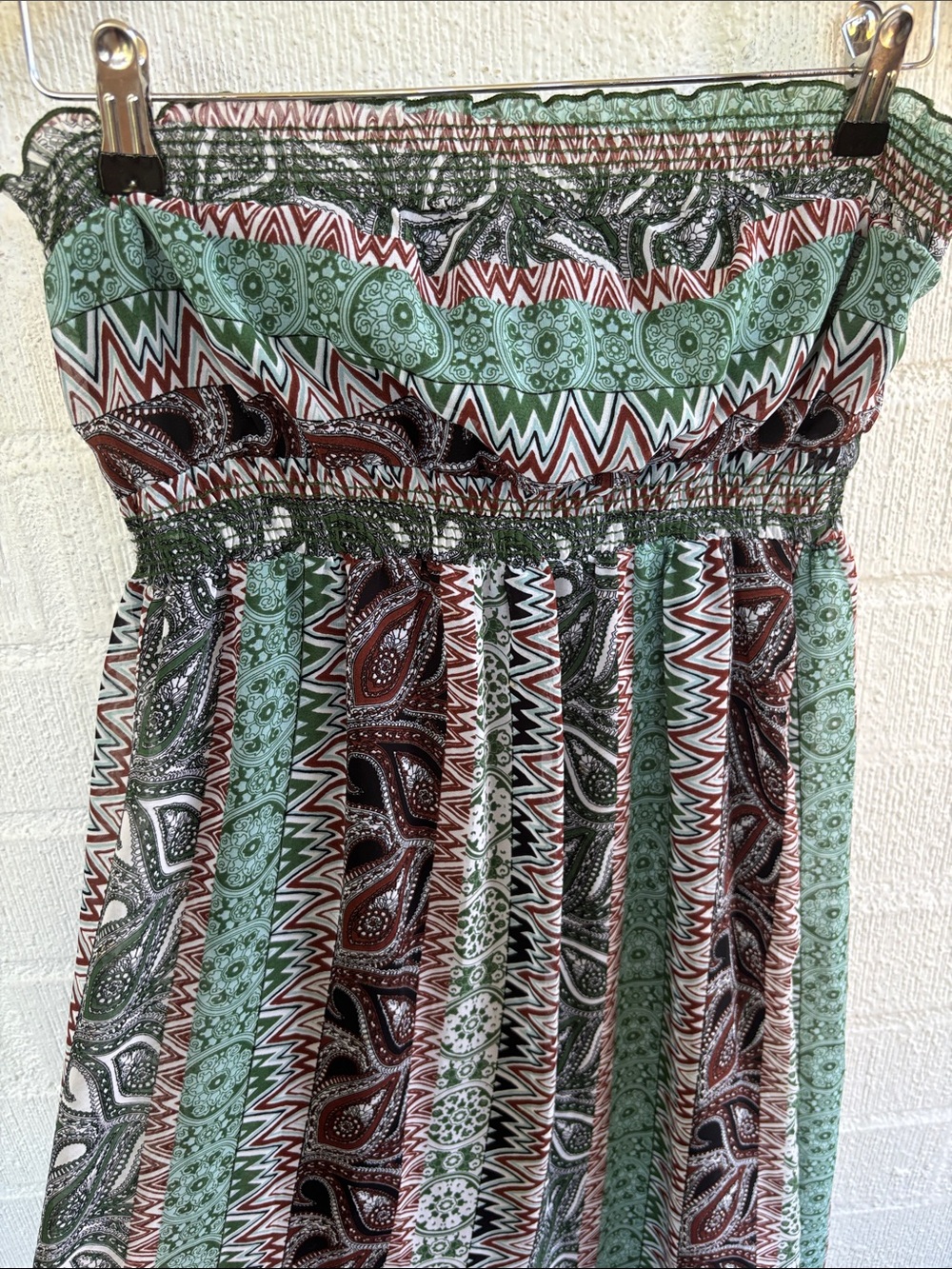 Karis Boho Strapless Maxi Tube Top Dress in Green and Brown sz M - Picture 2 of 7